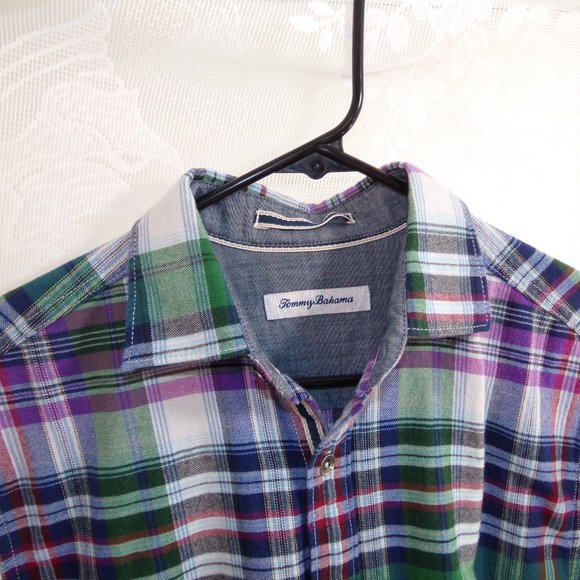 Tommy Bahama Plaid Tencel Blend Montauk Flannel Purple Plaid XS Metal Buttoned - Picture 4 of 15